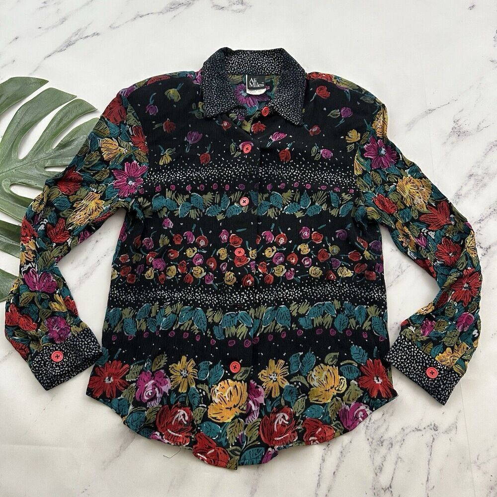 Ali Miles Womens Vintage 90s Crinkle Top Size 10 Black Purple Mixed Floral